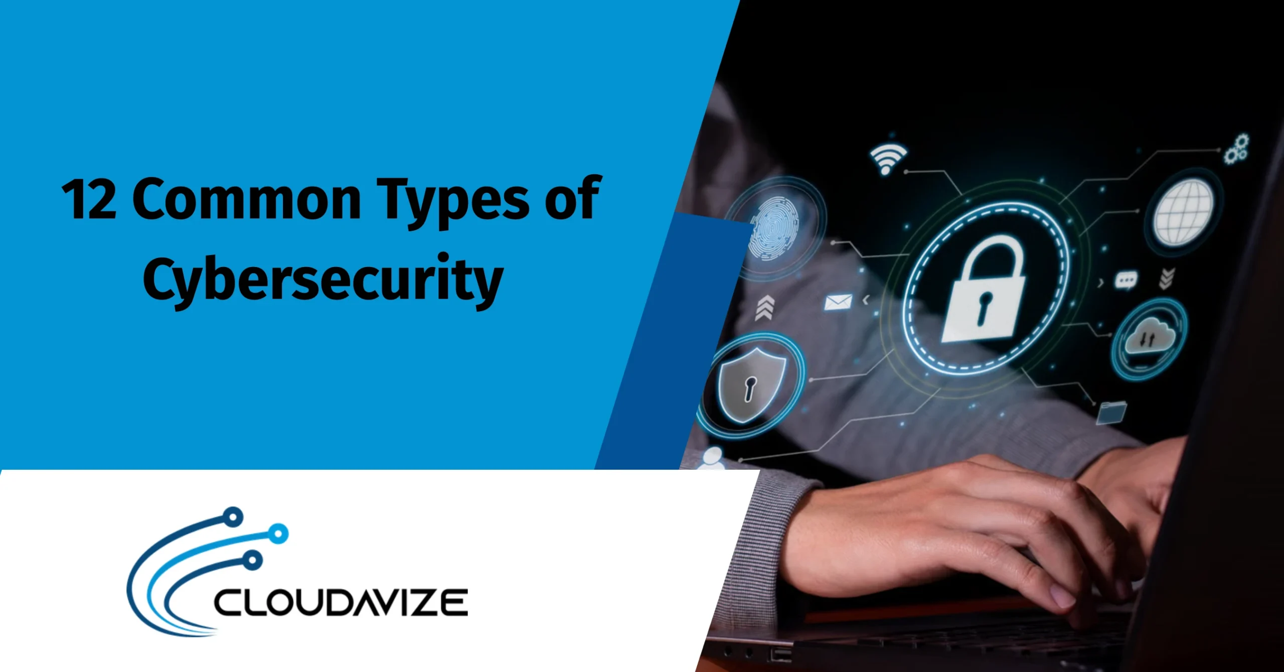 Person using a laptop with a digital padlock, fingerprint scan, cloud, Wi-Fi, and network security icons